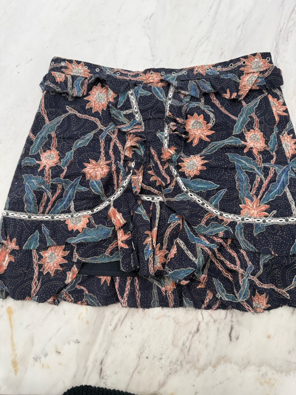 Isabel Marant Black Top with Multicolor Paisley Trim and Grommet Detail